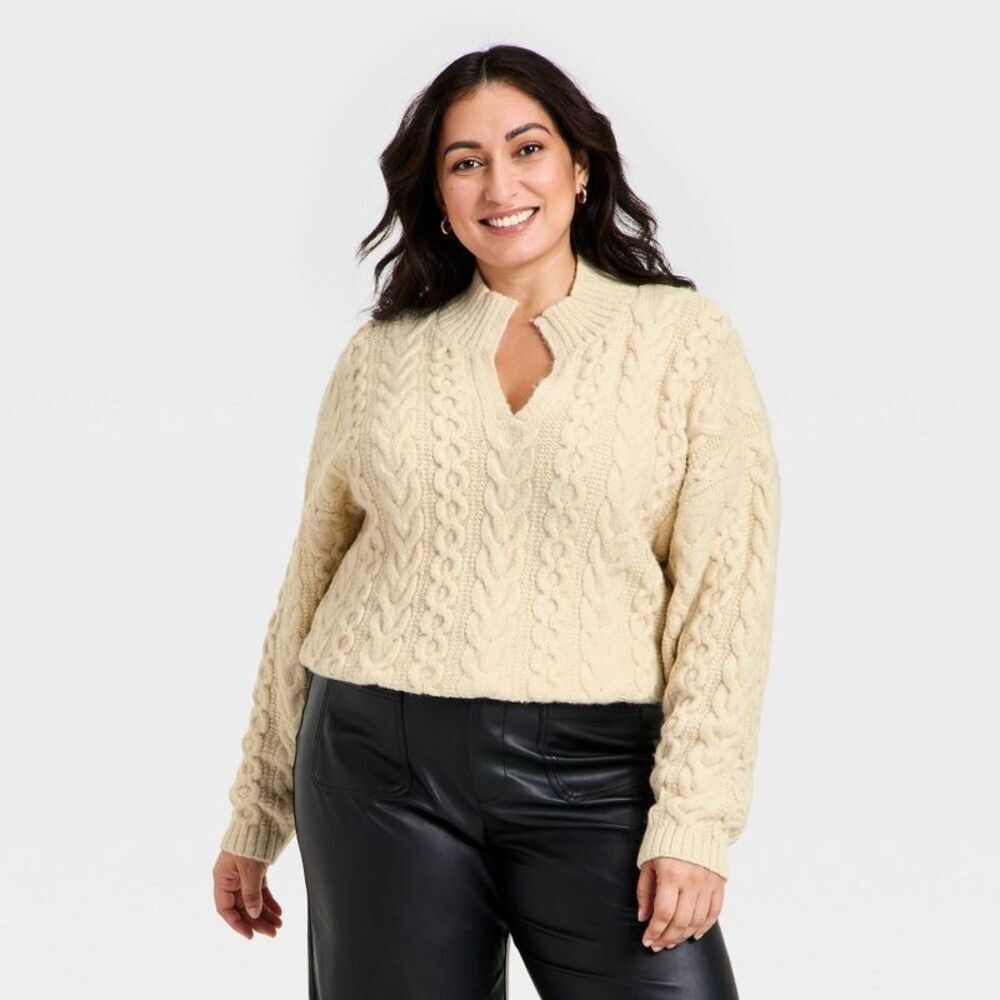 Women's Split Neck Cable Pullover Sweater - A New Day Cream XXL